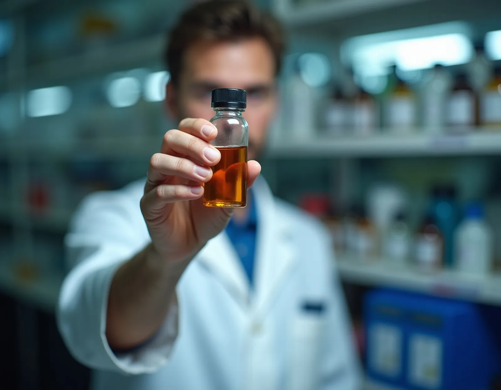Technician holding a small glass bottle of amber marine fuel oil sample up to the light beside a sample rack