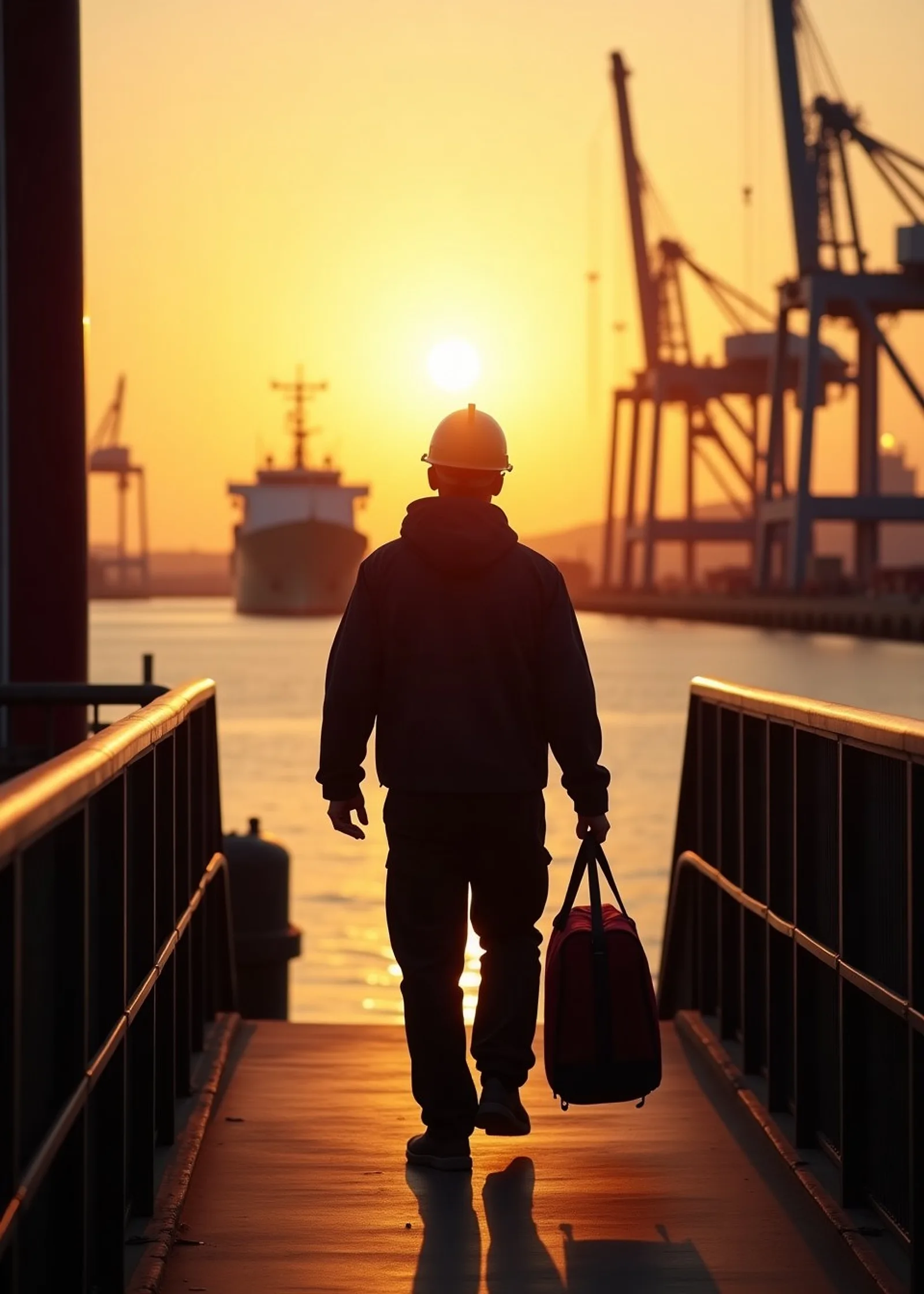 Seafarer carrying a kit bag walking up a ship gangway at dawn with port cranes in the background